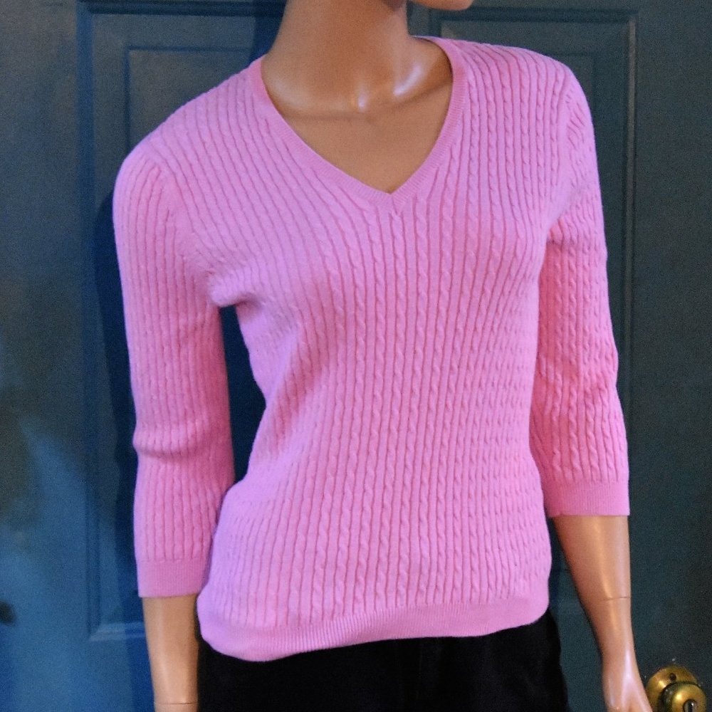 Vintage 1990's Wainscott 3/4 sleeve cotton v-neck sweater - size fitted Medium